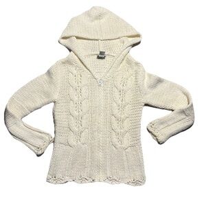 Chava Comfort Women’s Full Zip Knit Sweater Cream  oversized Hood Chunky Knit